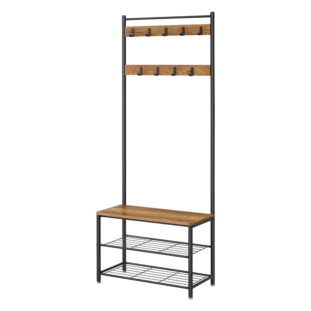 69 Inch Clothing Rack, 3 Shelves, 9 Hooks, Square Seat, Black Metal, Brown By Casagear Home