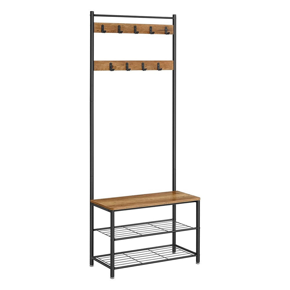 69 Inch Clothing Rack 3 Shelves 9 Hooks Square Seat Black Metal Brown By Casagear Home BM316254