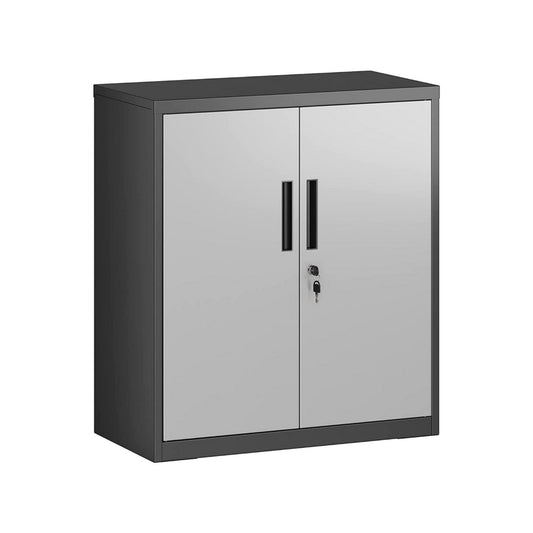Tira 35 Inch Storage Cabinet with Lock, Shelves, Silver, Black Metal By Casagear Home