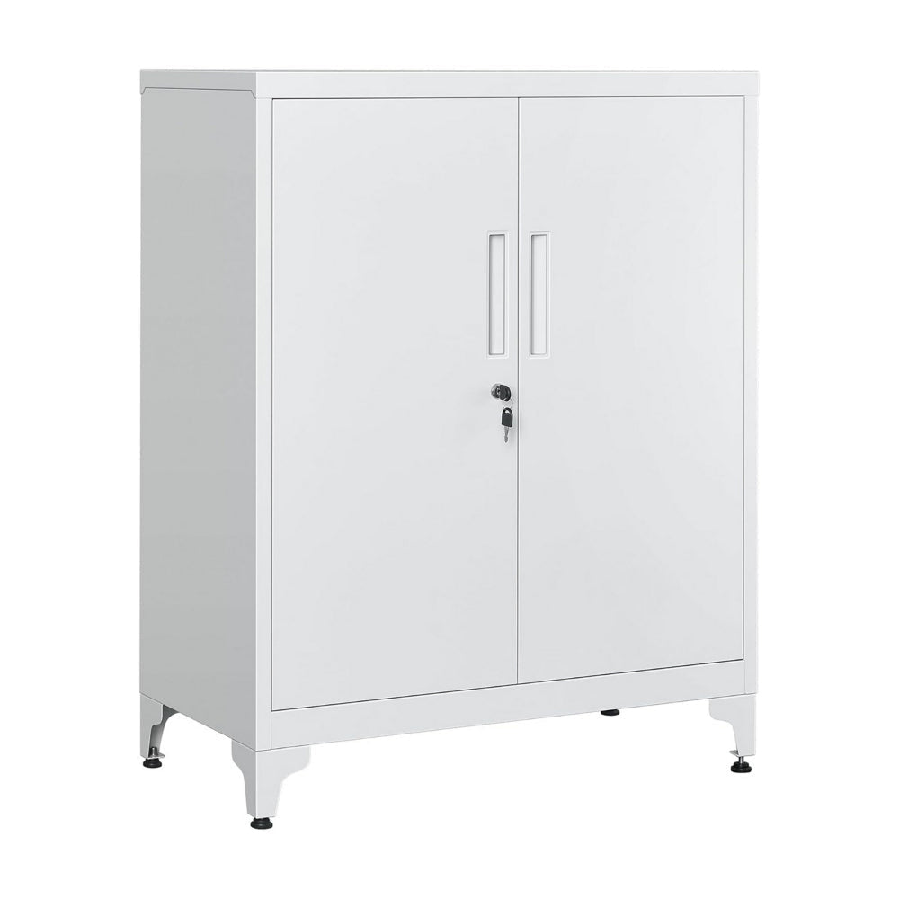 Tira 35 Inch Storage Cabinet with Lock, Shelves, Cutout Handle, Gray Metal By Casagear Home