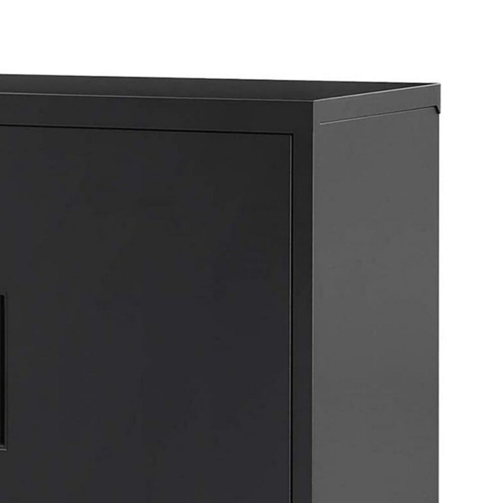 Tira 35 Inch Storage Cabinet with Lock, Shelves, Cutout Handle, Black Metal By Casagear Home