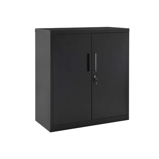 Tira 35 Inch Storage Cabinet with Lock, Shelves, Cutout Handle, Black Metal By Casagear Home