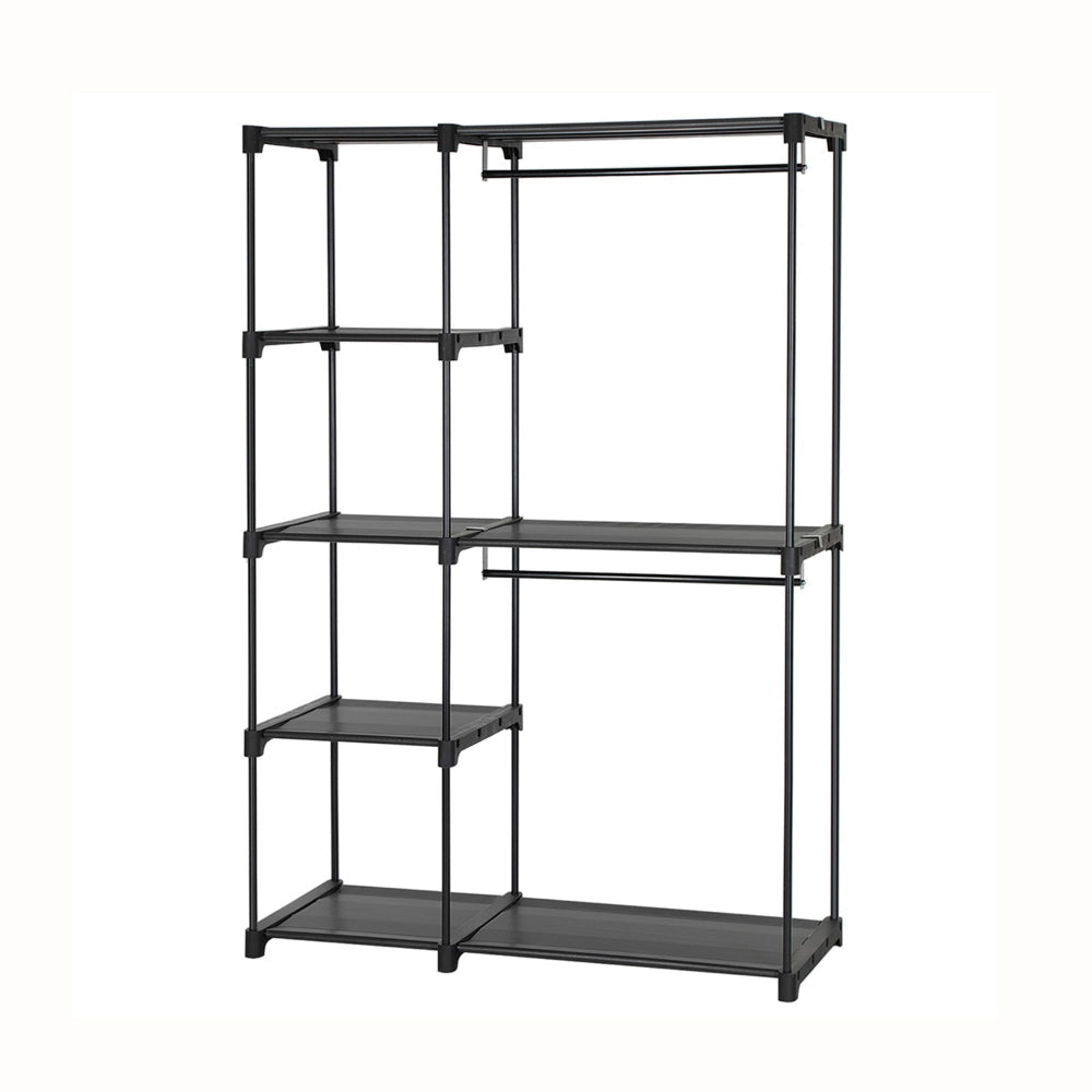 Iko 65 Inch Foldable Wardrobe Rack, 2 Hanging Areas, 4 Shelves, Black Metal By Casagear Home