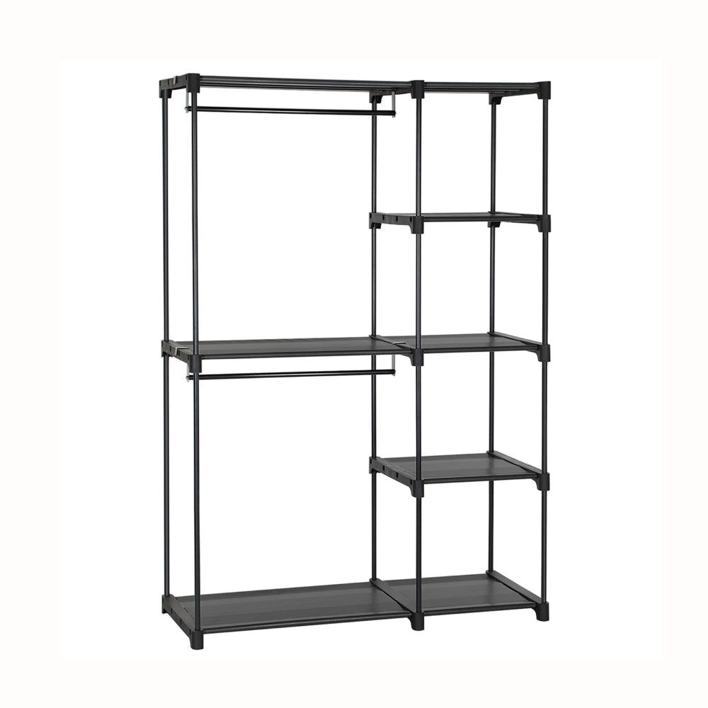 Iko 65 Inch Foldable Wardrobe Rack, 2 Hanging Areas, 4 Shelves, Black Metal By Casagear Home