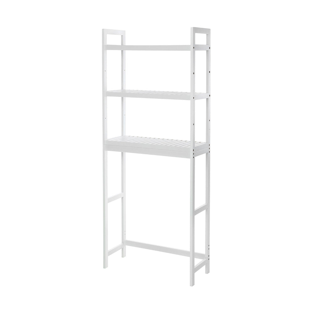Vali 64 Inch Over Toilet Rack, 3 Slatted Style Shelves, White Bamboo Frame By Casagear Home