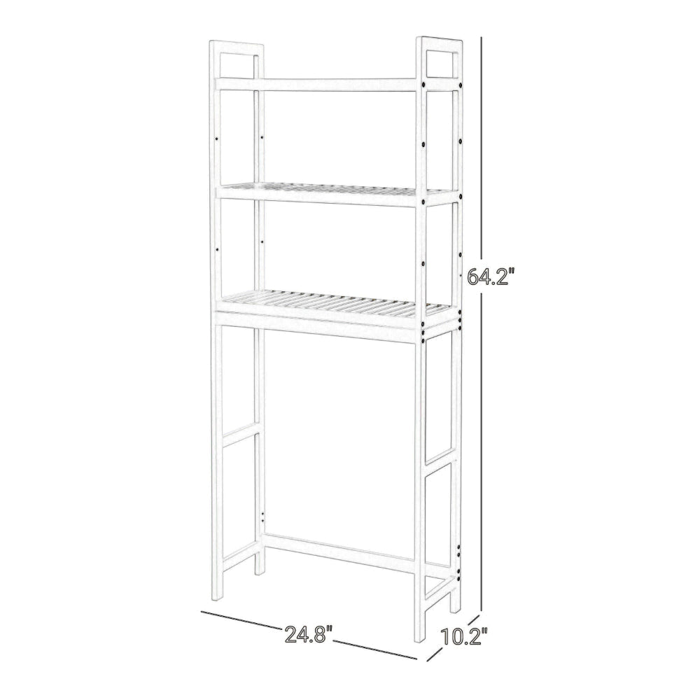 Vali 64 Inch Over Toilet Rack, 3 Slatted Style Shelves, White Bamboo Frame By Casagear Home