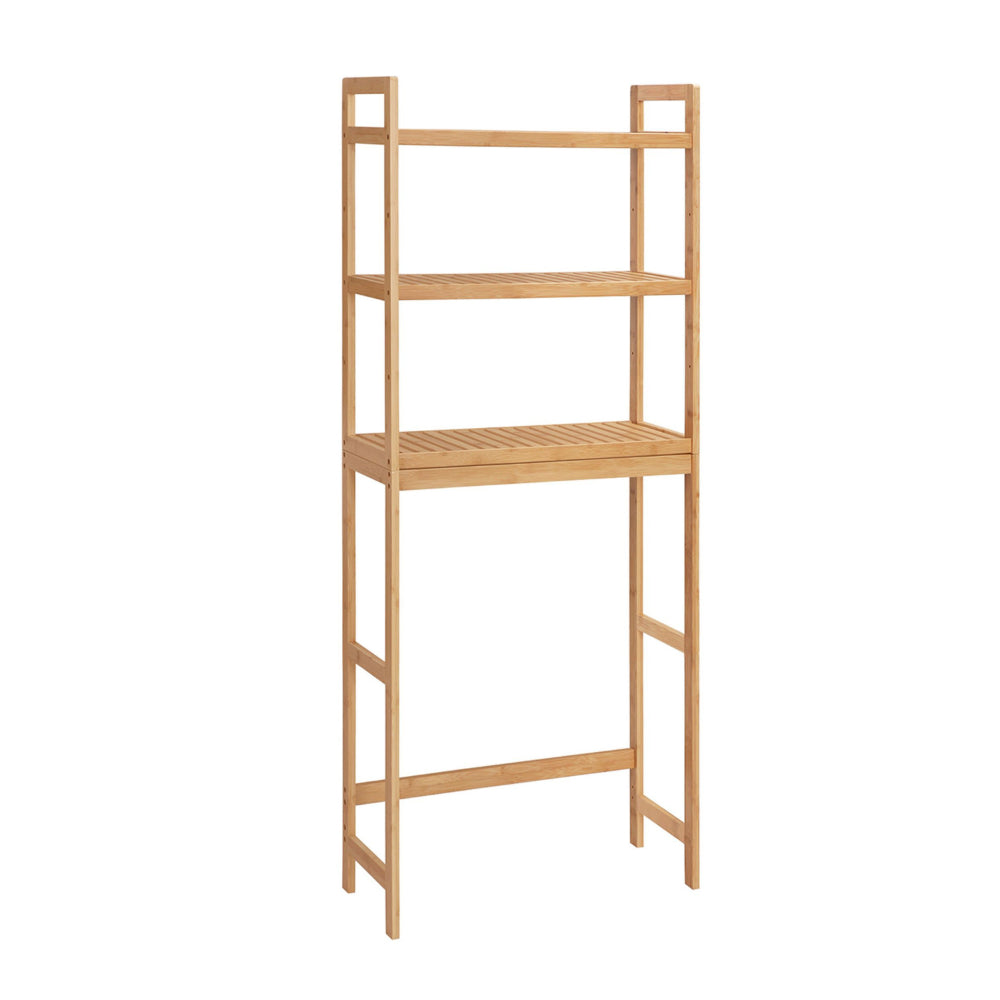 Vali 64 Inch Over Toilet Rack, 3 Slatted Style Shelves, Brown Bamboo Frame By Casagear Home