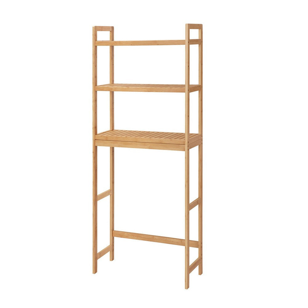 Vali 64 Inch Over Toilet Rack 3 Slatted Style Shelves Brown Bamboo Frame By Casagear Home BM316270