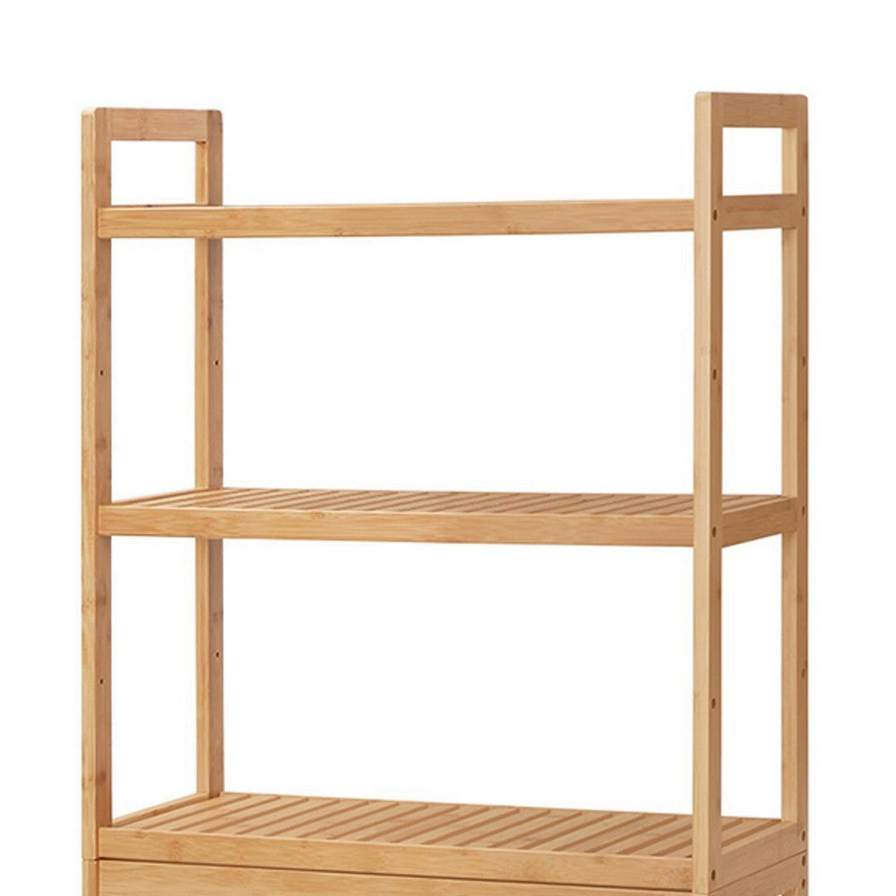 Vali 64 Inch Over Toilet Rack 3 Slatted Style Shelves Brown Bamboo Frame By Casagear Home BM316270