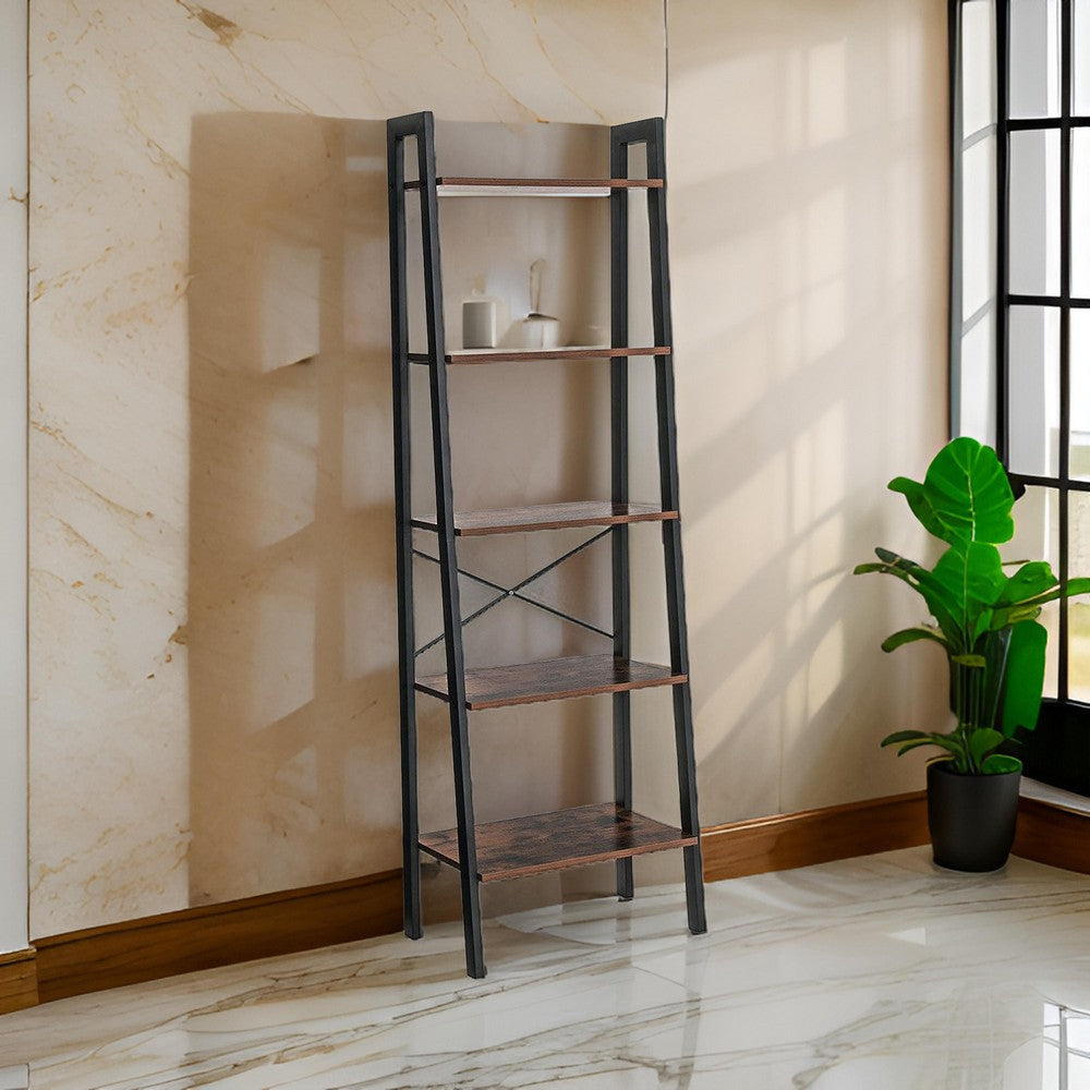 Javi 68 Inch Corner Ladder Shelf, 5 Tiers, X Shape Crossbars, Brown, Black By Casagear Home