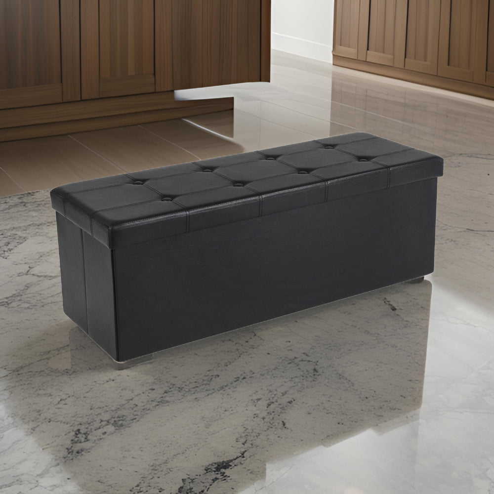 Zok 43 Inch Folding Storage Ottoman Bench, Tufted, Removable Top, Black By Casagear Home
