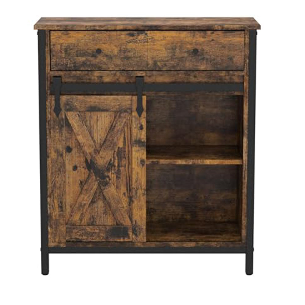 32 Inch Storage Buffet Cabinet, Sliding Barn Door, Black Steel, Brown Wood By Casagear Home