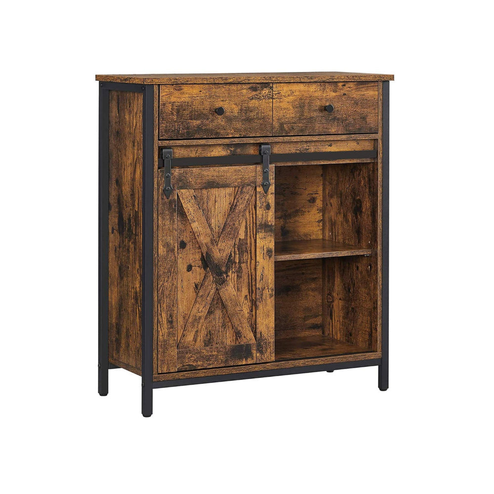 32 Inch Storage Buffet Cabinet, Sliding Barn Door, Black Steel, Brown Wood By Casagear Home