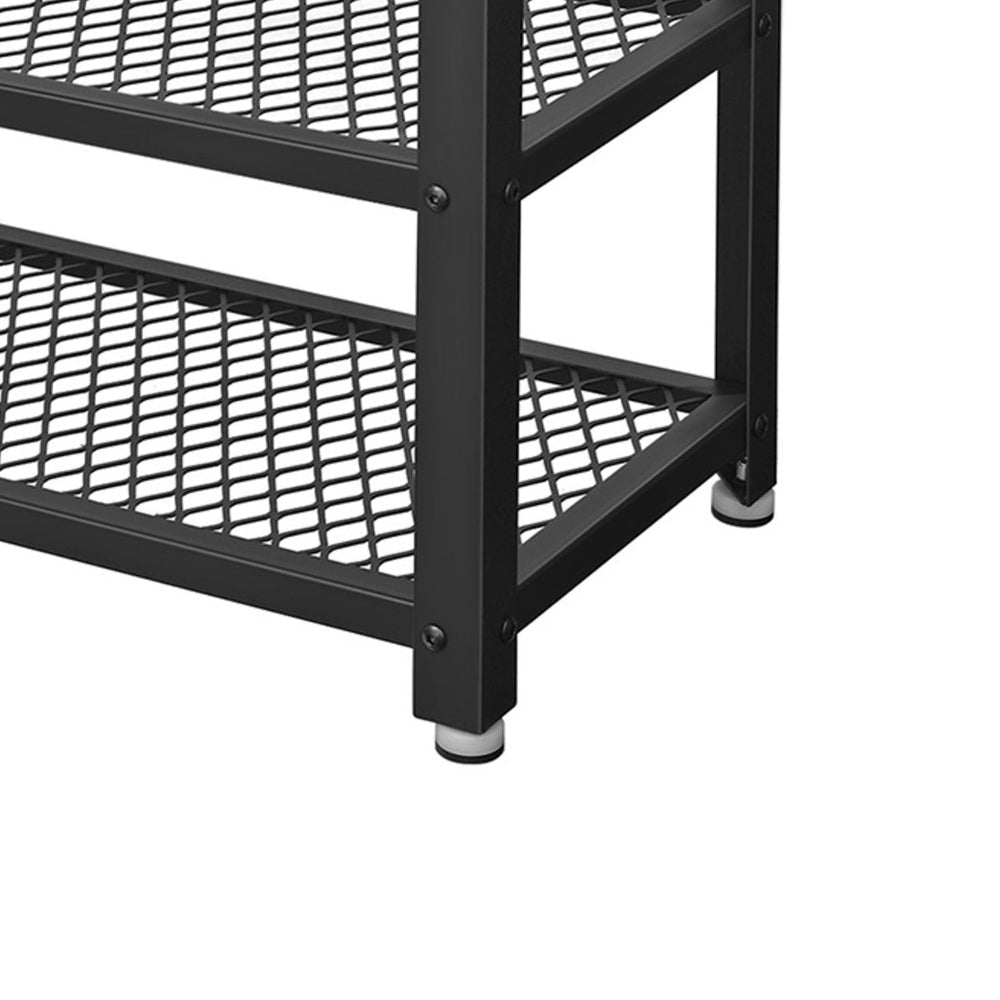 Jex 29 Inch Storage Bench Shoe Rack, Mesh Shelves, Black Steel, Brown Wood By Casagear Home