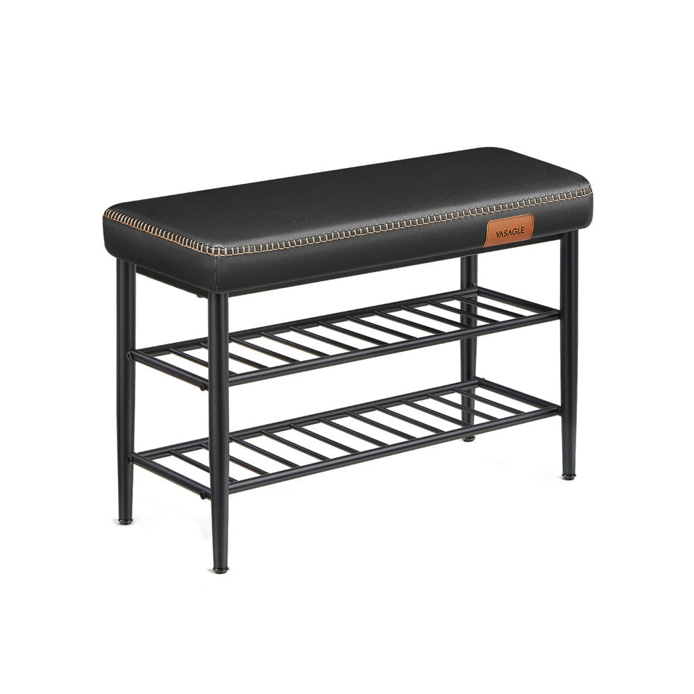 31 Inch Bench with Shoe Rack, 2 Shelves, Black Faux Leather Top, Steel By Casagear Home