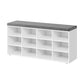 Lyne 41 Inch Shoe Storage Bench, 12 Square Shelves, Gray Sponge, White Wood By Casagear Home