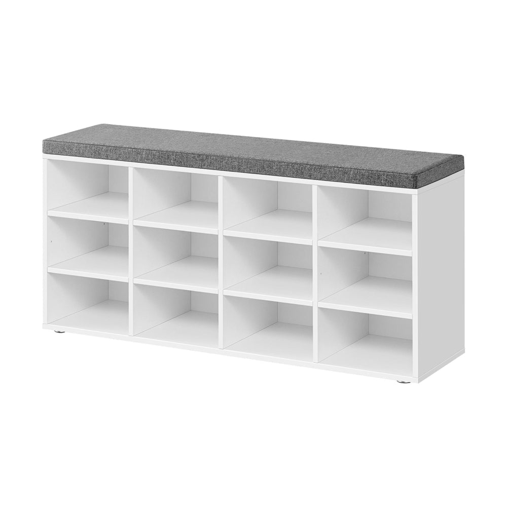 Lyne 41 Inch Shoe Storage Bench, 12 Square Shelves, Gray Sponge, White Wood By Casagear Home