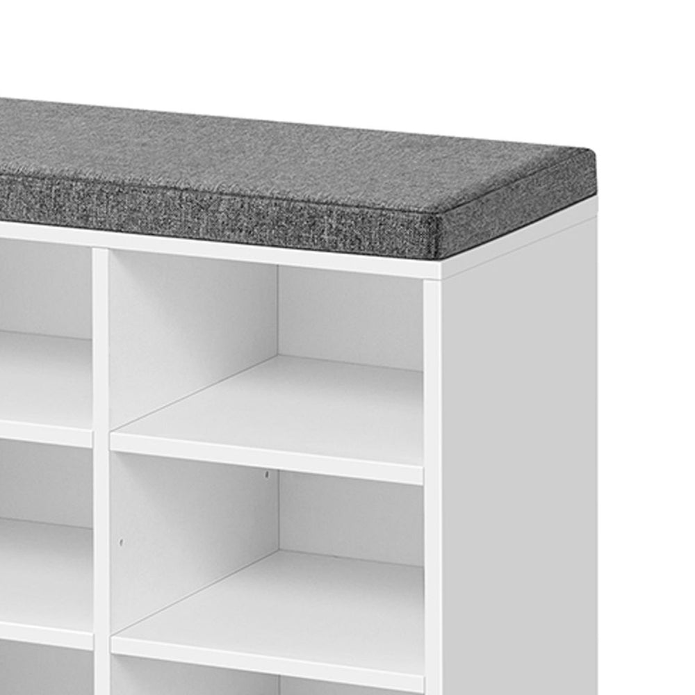 Lyne 41 Inch Shoe Storage Bench, 12 Square Shelves, Gray Sponge, White Wood By Casagear Home