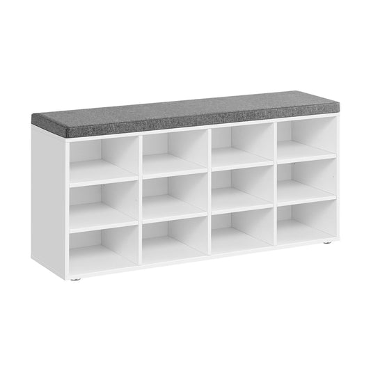 Lyne 41 Inch Shoe Storage Bench, 12 Square Shelves, Gray Sponge, White Wood By Casagear Home