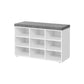 Lyne 31 Inch Shoe Storage Bench, 9 Square Shelves, Gray Sponge, White Wood By Casagear Home