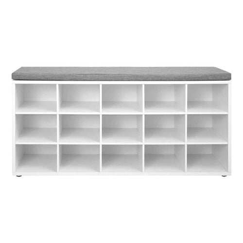 Lyne 41 Inch Shoe Storage Bench, 15 Square Shelves, Gray Sponge, White Wood By Casagear Home
