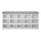 Lyne 41 Inch Shoe Storage Bench, 15 Square Shelves, Gray Sponge, White Wood By Casagear Home