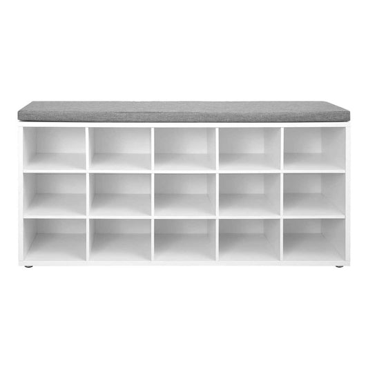 Lyne 41 Inch Shoe Storage Bench, 15 Square Shelves, Gray Sponge, White Wood By Casagear Home