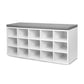 Lyne 41 Inch Shoe Storage Bench, 15 Square Shelves, Gray Sponge, White Wood By Casagear Home