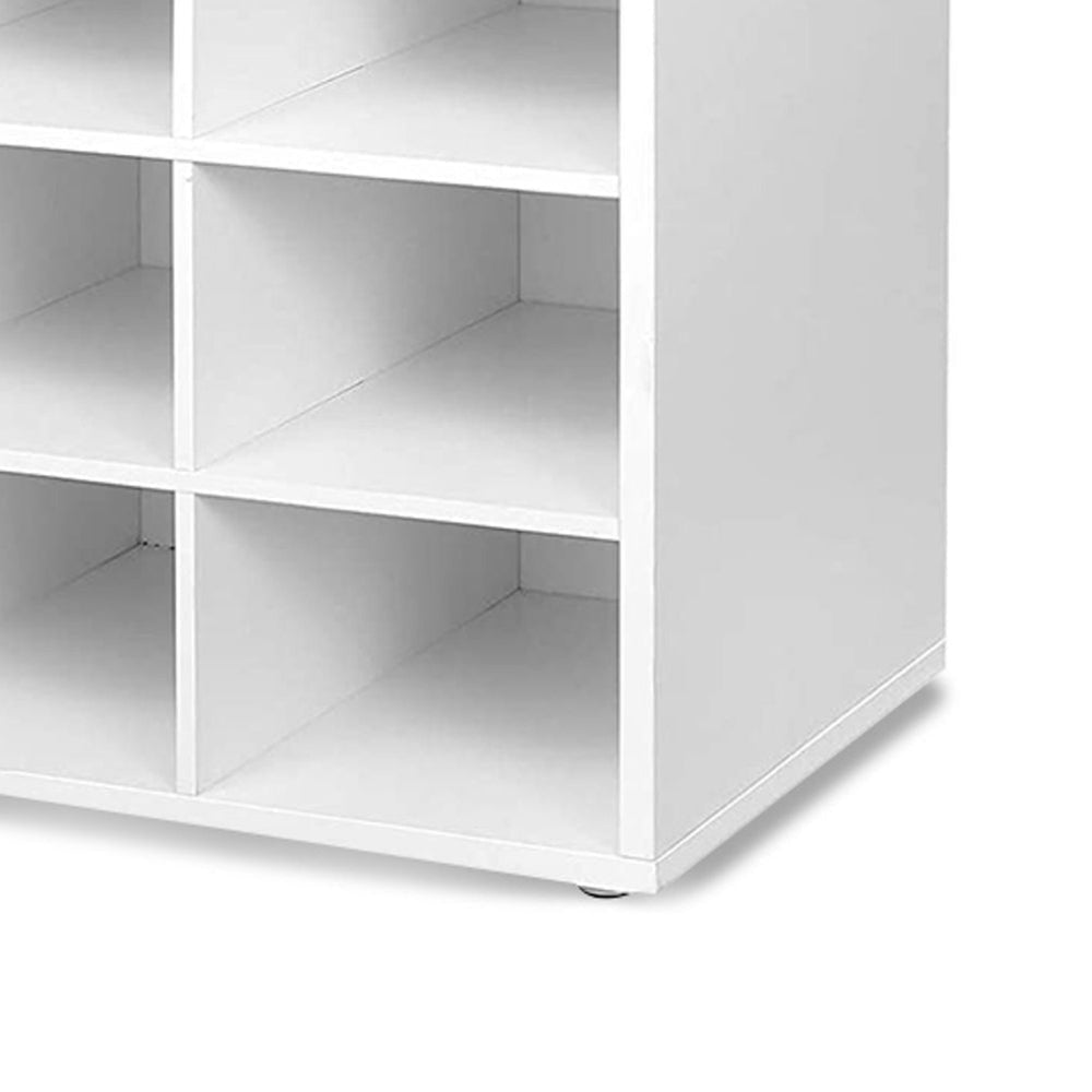 Lyne 41 Inch Shoe Storage Bench, 15 Square Shelves, Gray Sponge, White Wood By Casagear Home