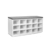 Lyne 41 Inch Shoe Storage Bench, 15 Square Shelves, Gray Sponge, White Wood By Casagear Home