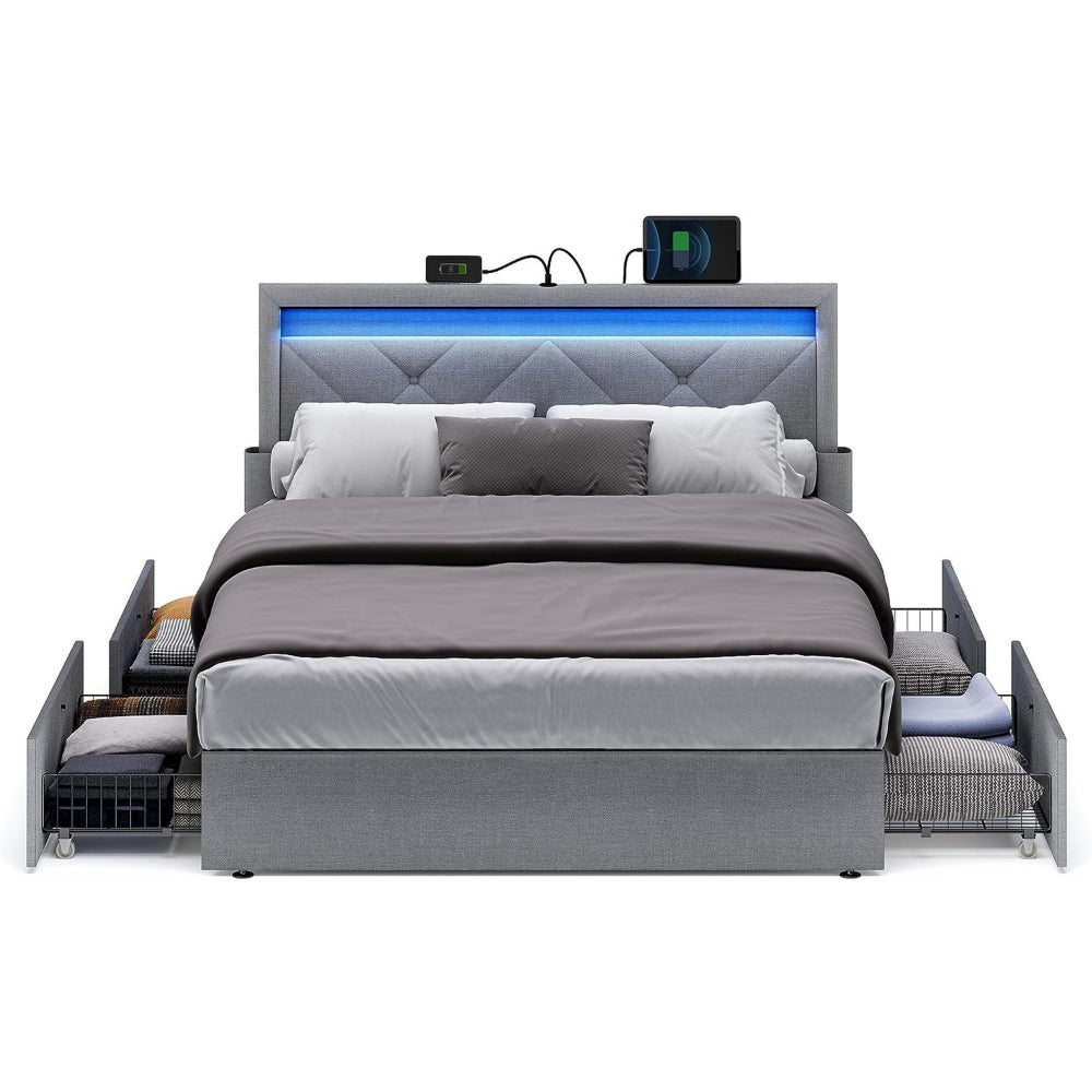 Full Size Bed with 4 Storage Drawers, Tall LED Headboard, Gray Upholstery By Casagear Home