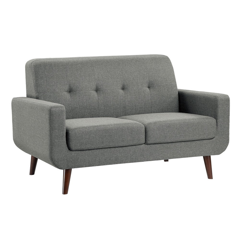 Rim 56 Inch Loveseat, Gray Polyester, Tufted Back, Brown Solid Wood  By Casagear Home