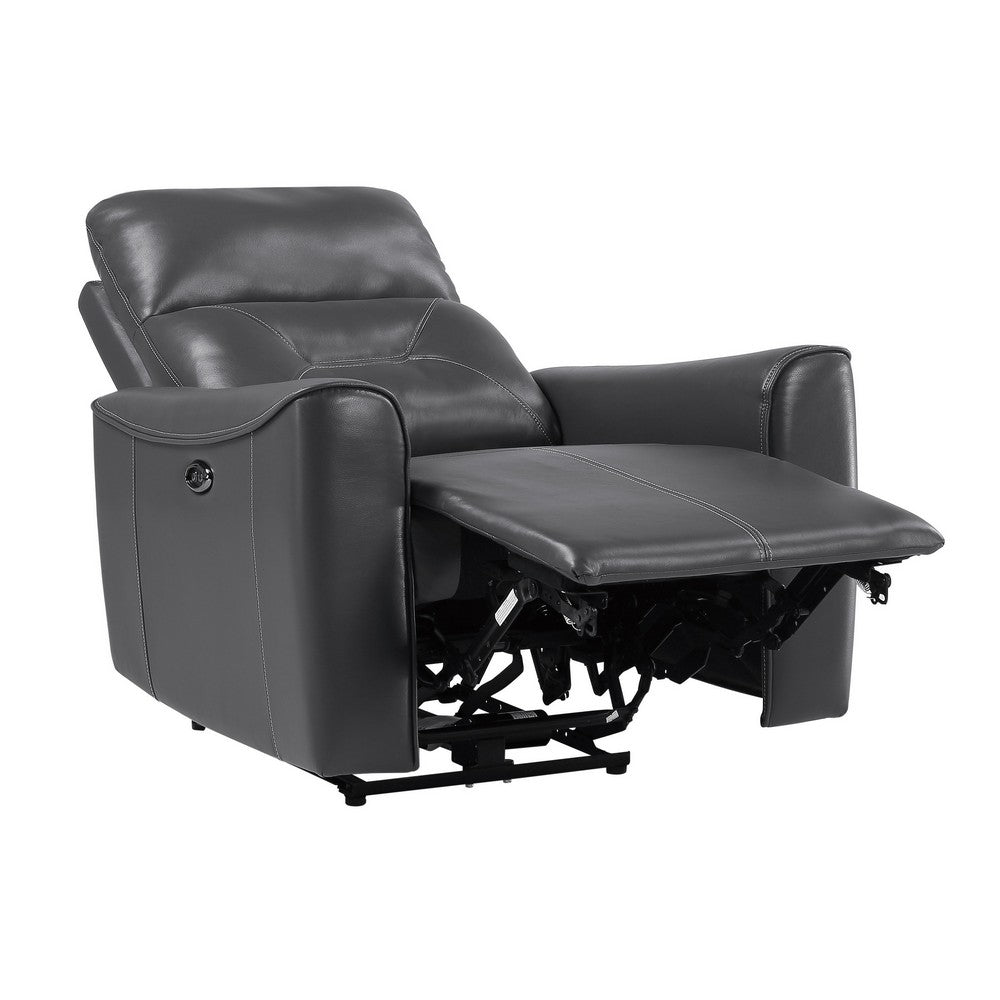 Well 39 Inch Power Recliner Chair, Dark Gray Faux Leather, Solid Wood By Casagear Home