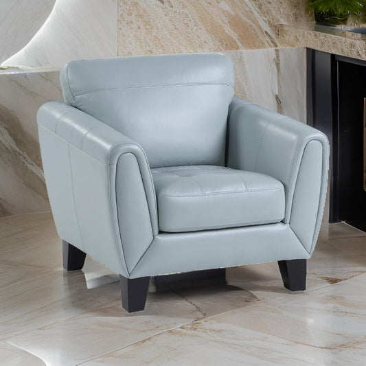 Sofy 37 Inch Accent Chair, Aqua Blue Top Grain and Faux Leather, Solid Wood By Casagear Home