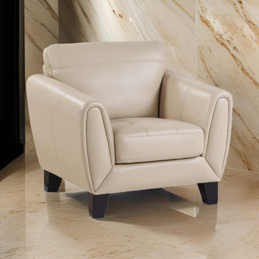 Sofy 37 Inch Accent Chair, Beige Top Grain and Faux Leather, Solid Wood By Casagear Home