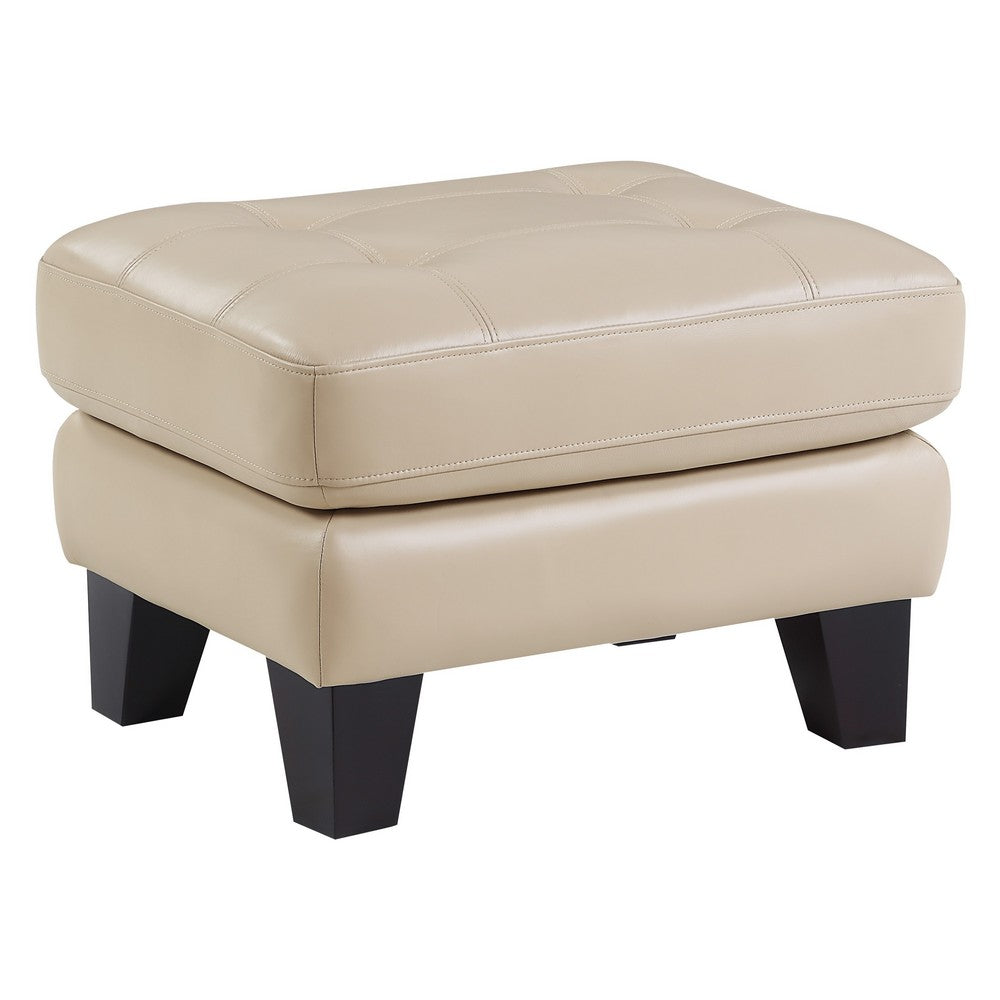 Sofy 27 Inch Ottoman, Beige Top Grain and Faux Leather, Solid Wood Feet By Casagear Home