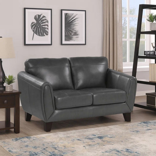 Sofy 61 Inch Loveseat, Dark Gray Top Grain and Faux Leather, Solid Wood By Casagear Home