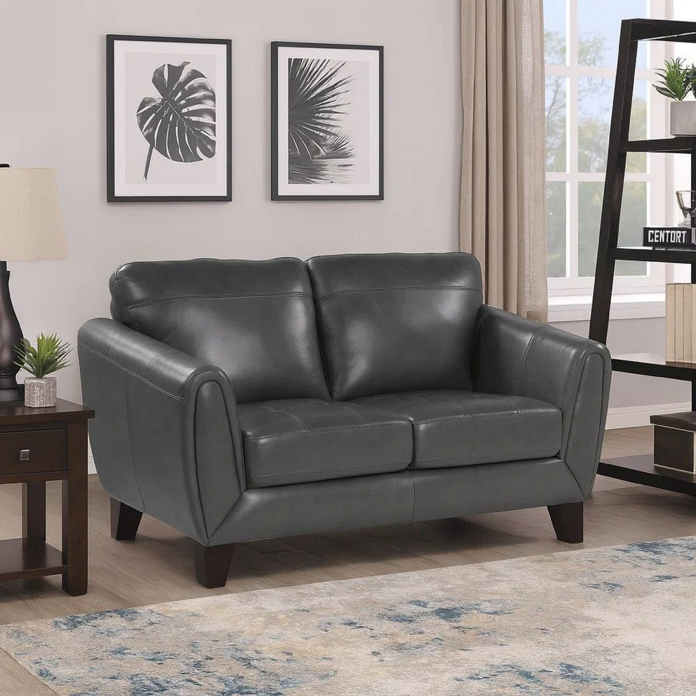 Sofy 61 Inch Loveseat, Dark Gray Top Grain and Faux Leather, Solid Wood By Casagear Home