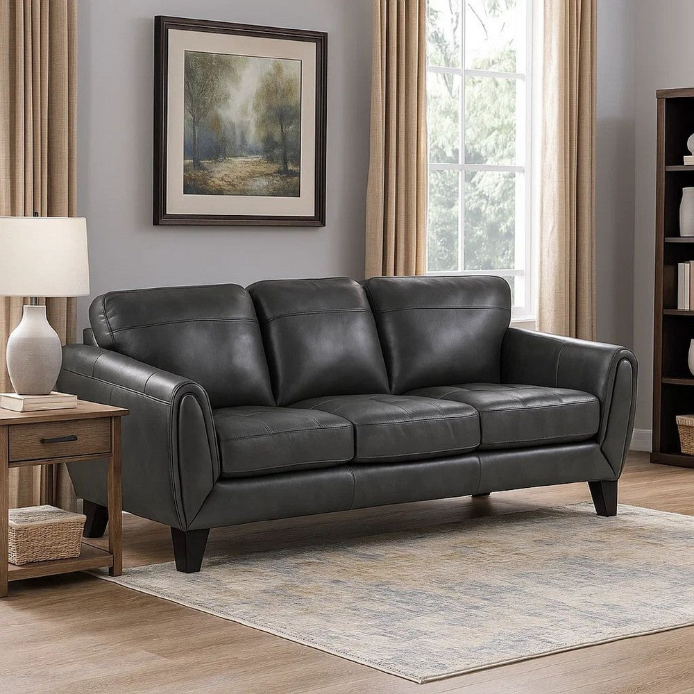 Sofy 83 Inch Sofa, Dark Gray Top Grain and Faux Leather, Solid Wood Feet By Casagear Home