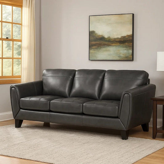Sofy 83 Inch Sofa, Dark Gray Top Grain and Faux Leather, Solid Wood Feet By Casagear Home