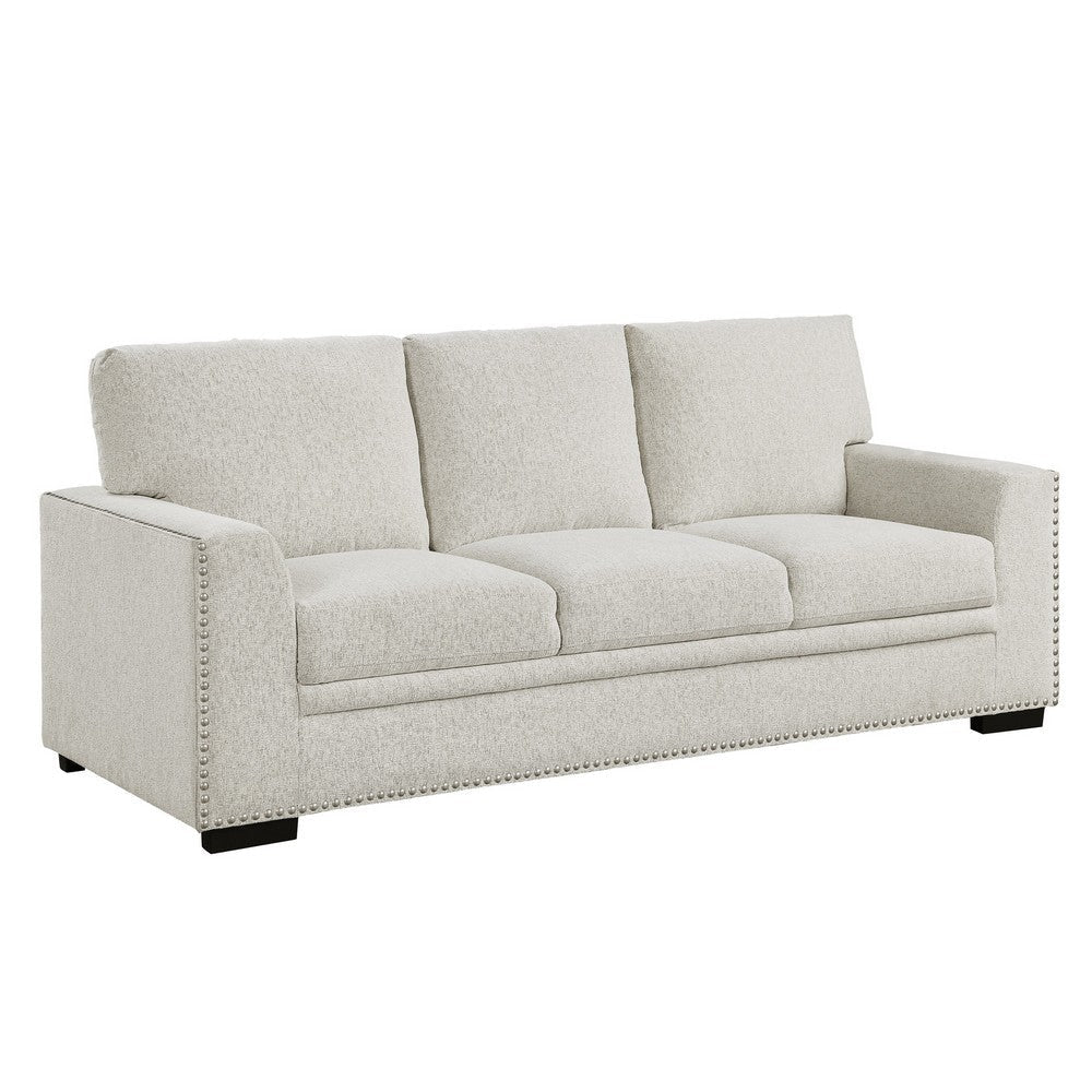 Meil 84 Inch Sofa, Beige Chenille, Nailhead Trim, Foam Cushions, Solid Wood By Casagear Home