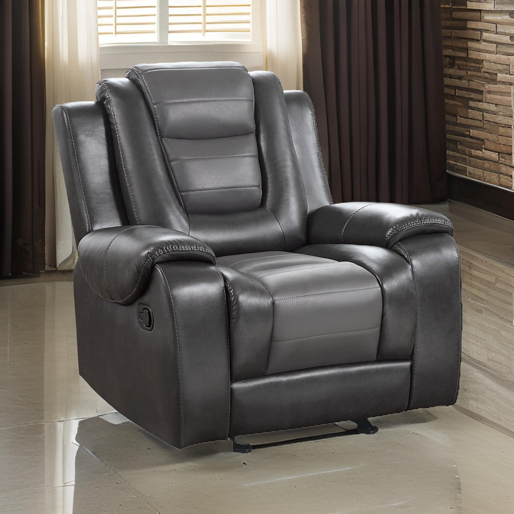 Istro 39 Inch Glider Manual Recliner Chair, 2 Tone Gray Faux Leather By Casagear Home