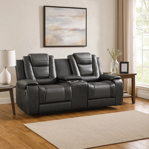 Istro 76 Inch Manual Recliner Loveseat, Cupholder Console Gray Faux Leather By Casagear Home