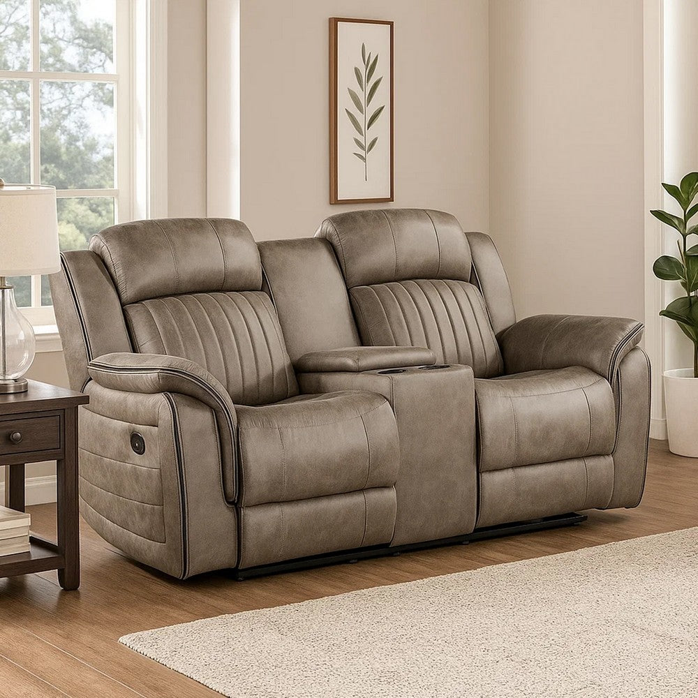 Bento 74 Inch Manual Recliner Loveseat, Console, Sandy Brown Microfiber By Casagear Home