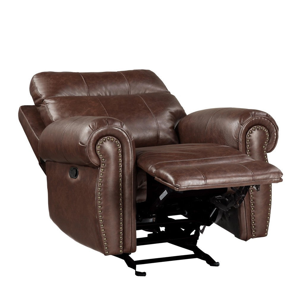 Ville 38 Inch Glider Manual Recliner Chair Nailhead Brown Faux Leather By Casagear Home BM316351