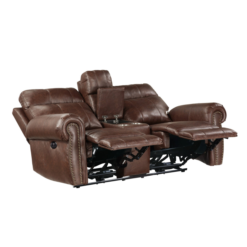 Ville 75 Inch Power Recliner Loveseat USB Console Brown Faux Leather By Casagear Home BM316354