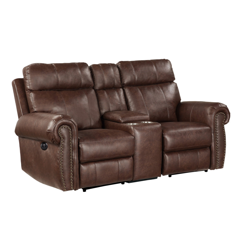 Ville 75 Inch Power Recliner Loveseat USB Console Brown Faux Leather By Casagear Home BM316354