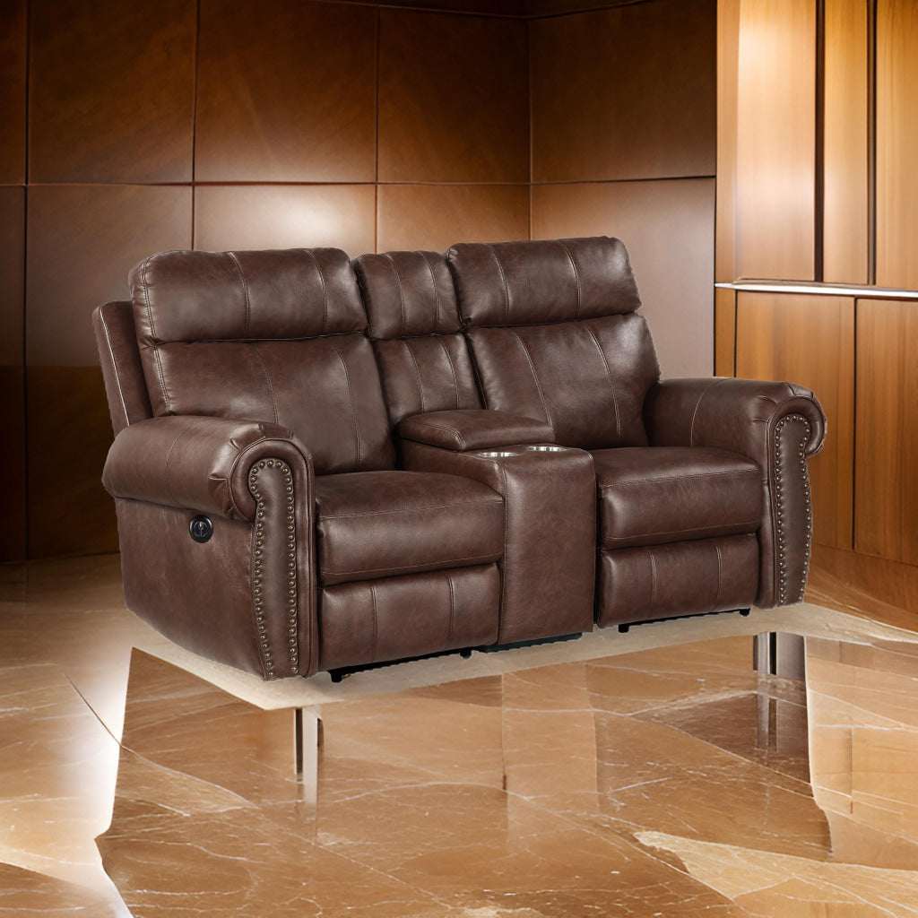 Ville 75 Inch Power Recliner Loveseat, USB, Console, Brown Faux Leather By Casagear Home