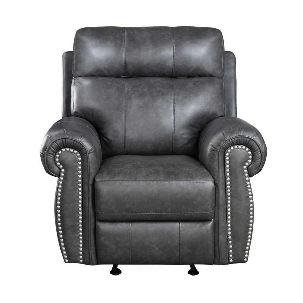 Ville 38 Inch Manual Glider Recliner Chair Tab Pull Gray Faux Leather By Casagear Home BM316357