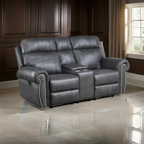 Ville 75 Inch Manual Recliner Loveseat, Storage Console, Gray Faux Leather By Casagear Home